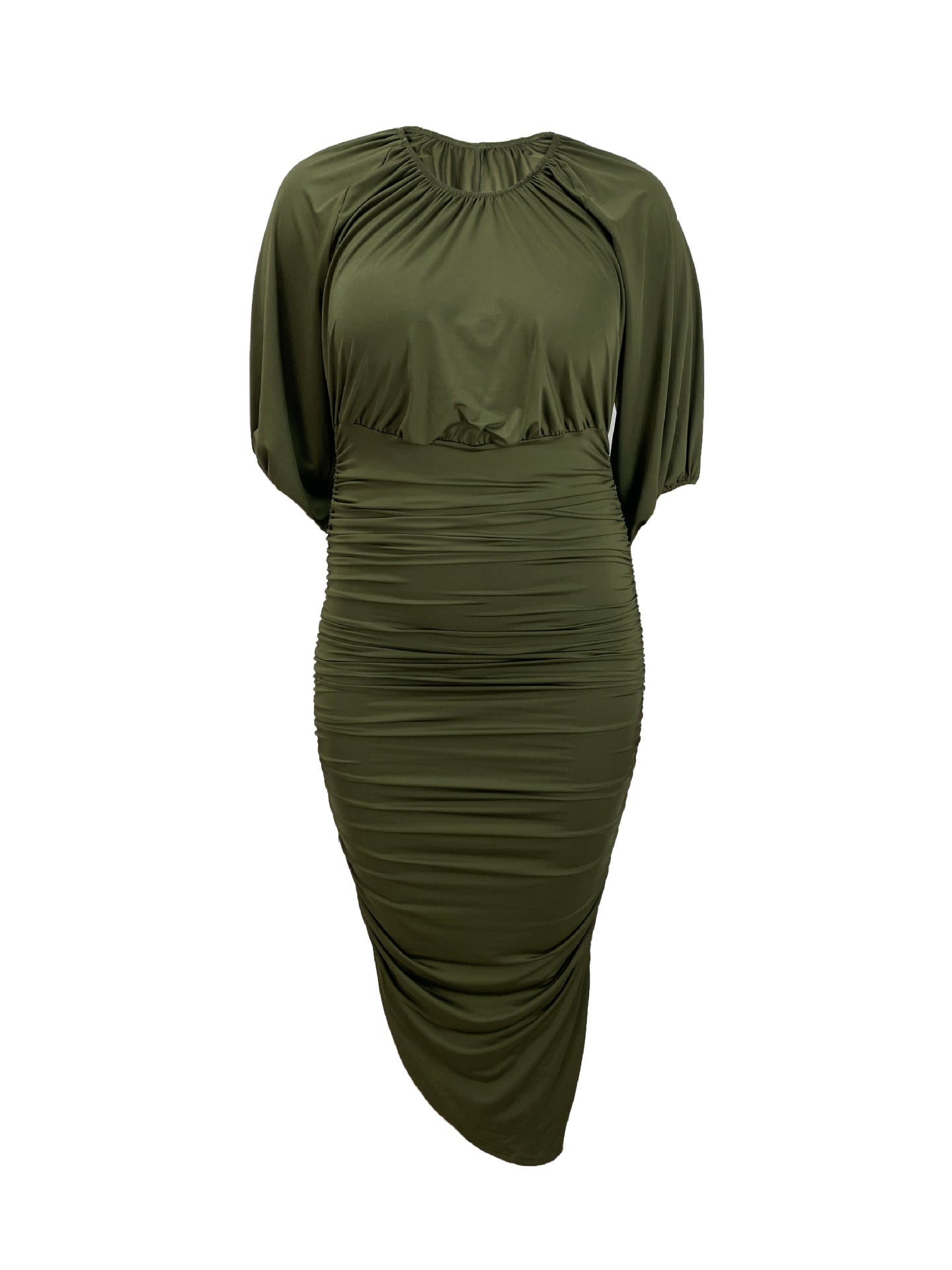 Women's Fashion Elegant Solid Color Round Neck Half Sleeve Fashion Pleated Long Dress 3