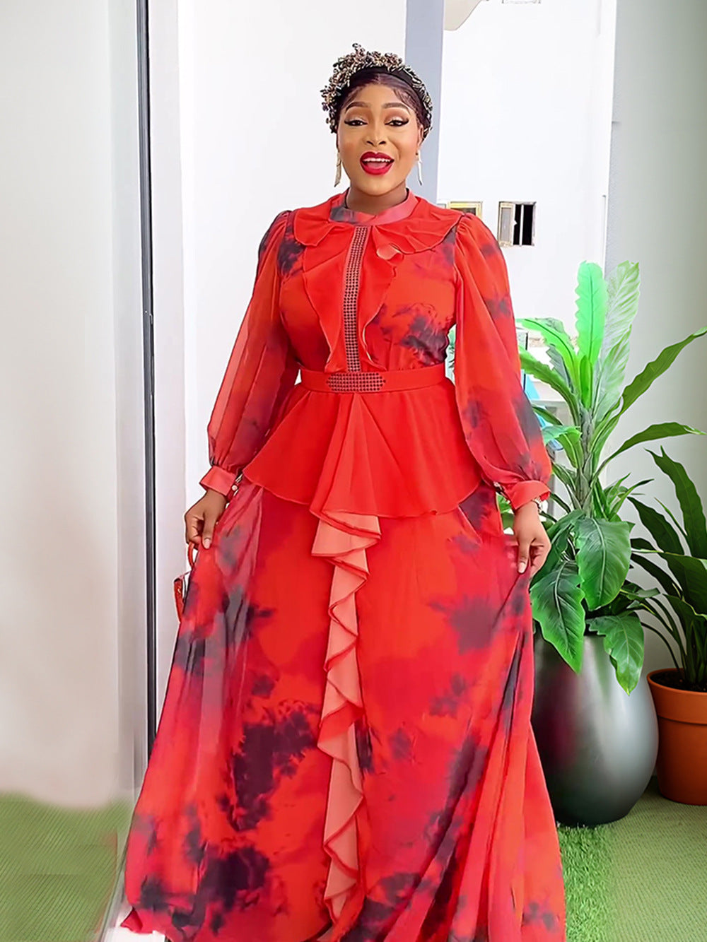 African Women Retro Printed Ruffle Dress