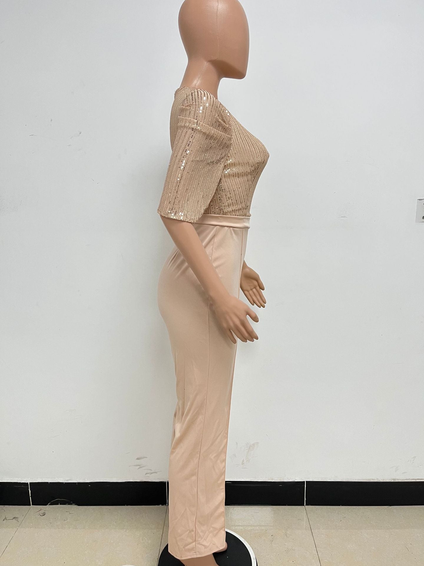 Women's Fashion Sequins Half Sleeve Wide-Leg Chic Ladies Jumpsuit 20
