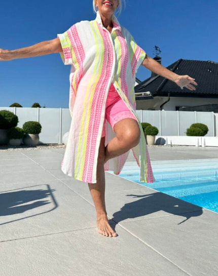 Women Summer Print Holidays Button Shirt Dress 8