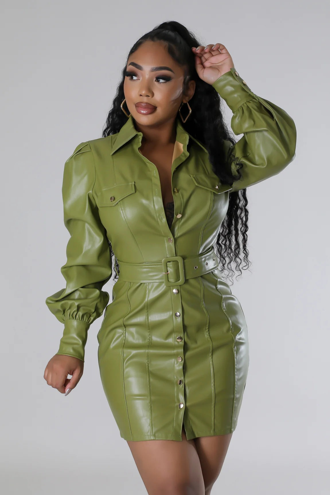 Women Pu Leather Long Sleeve Turndown Collar Dress 14