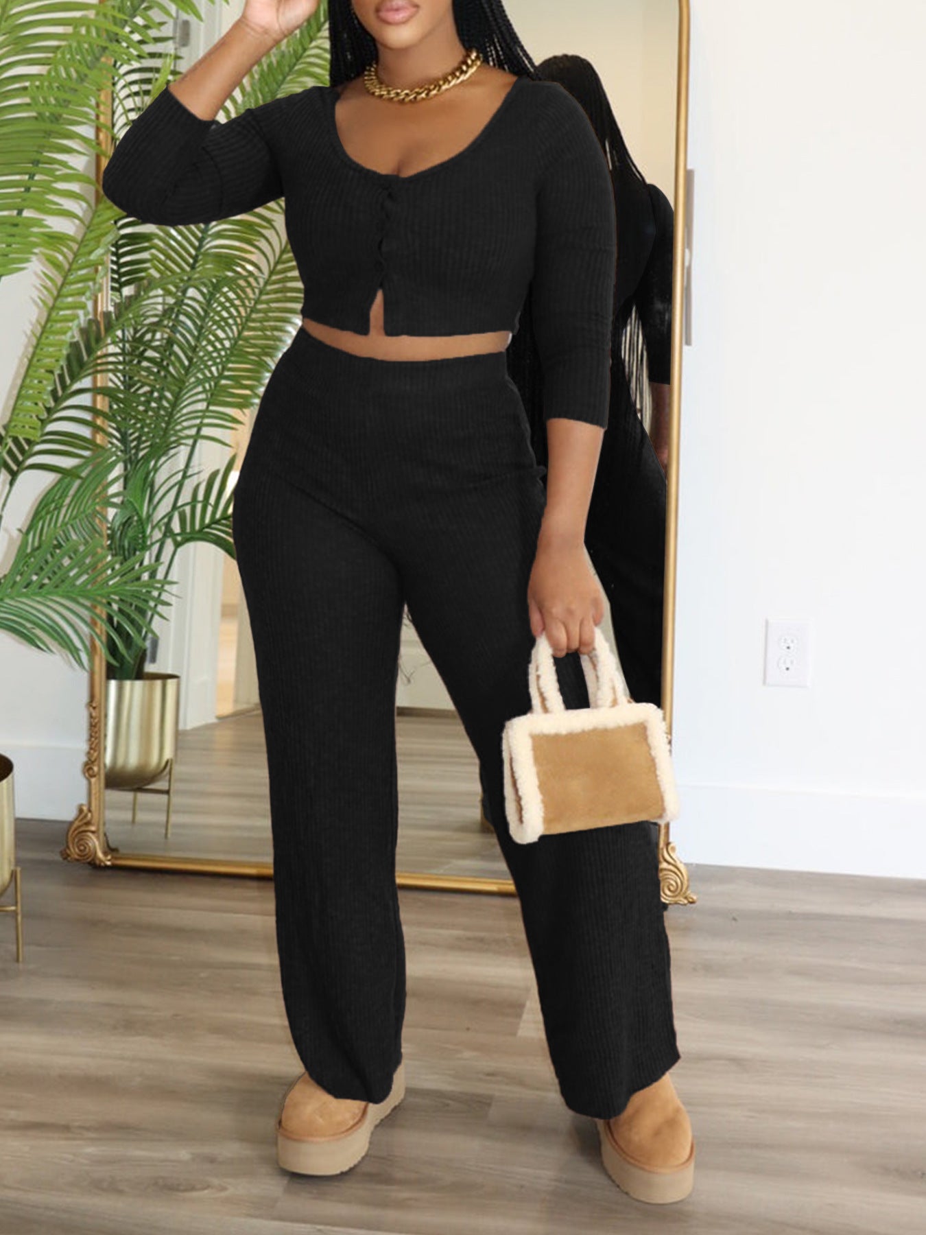 Women Soild long-sleeved Top and trousers Two Piece Set 7