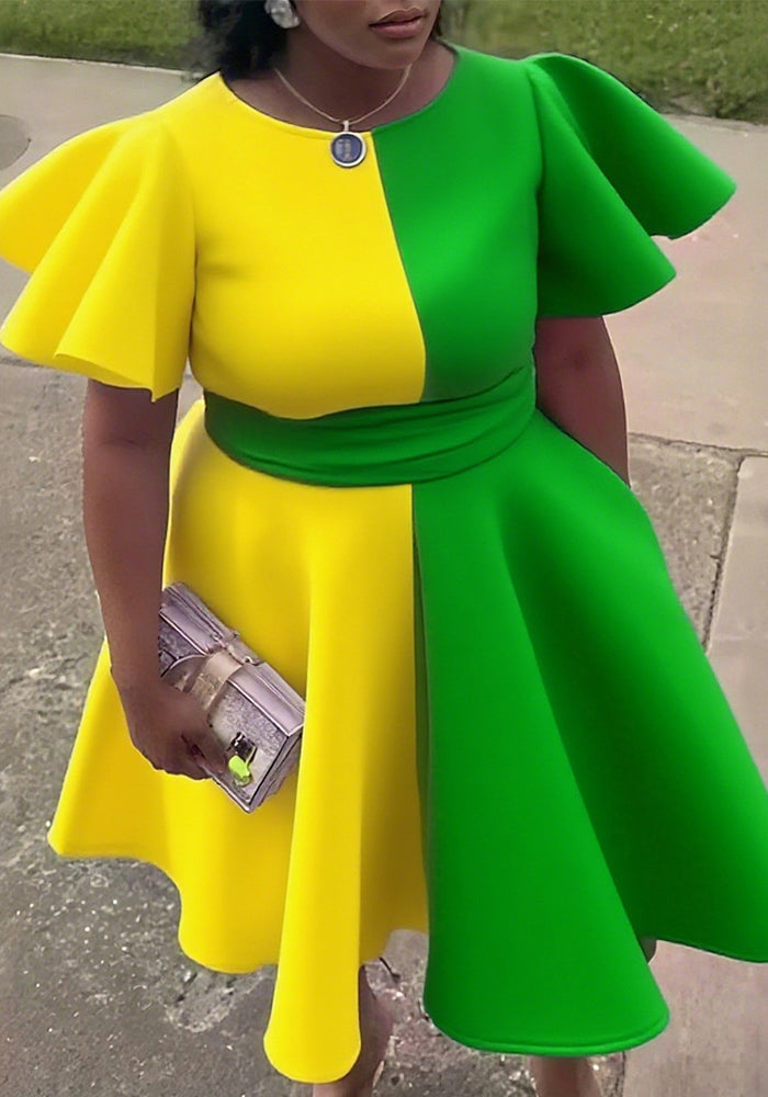 Plus-Size Women Summer Colorblock Ruffled African Dress