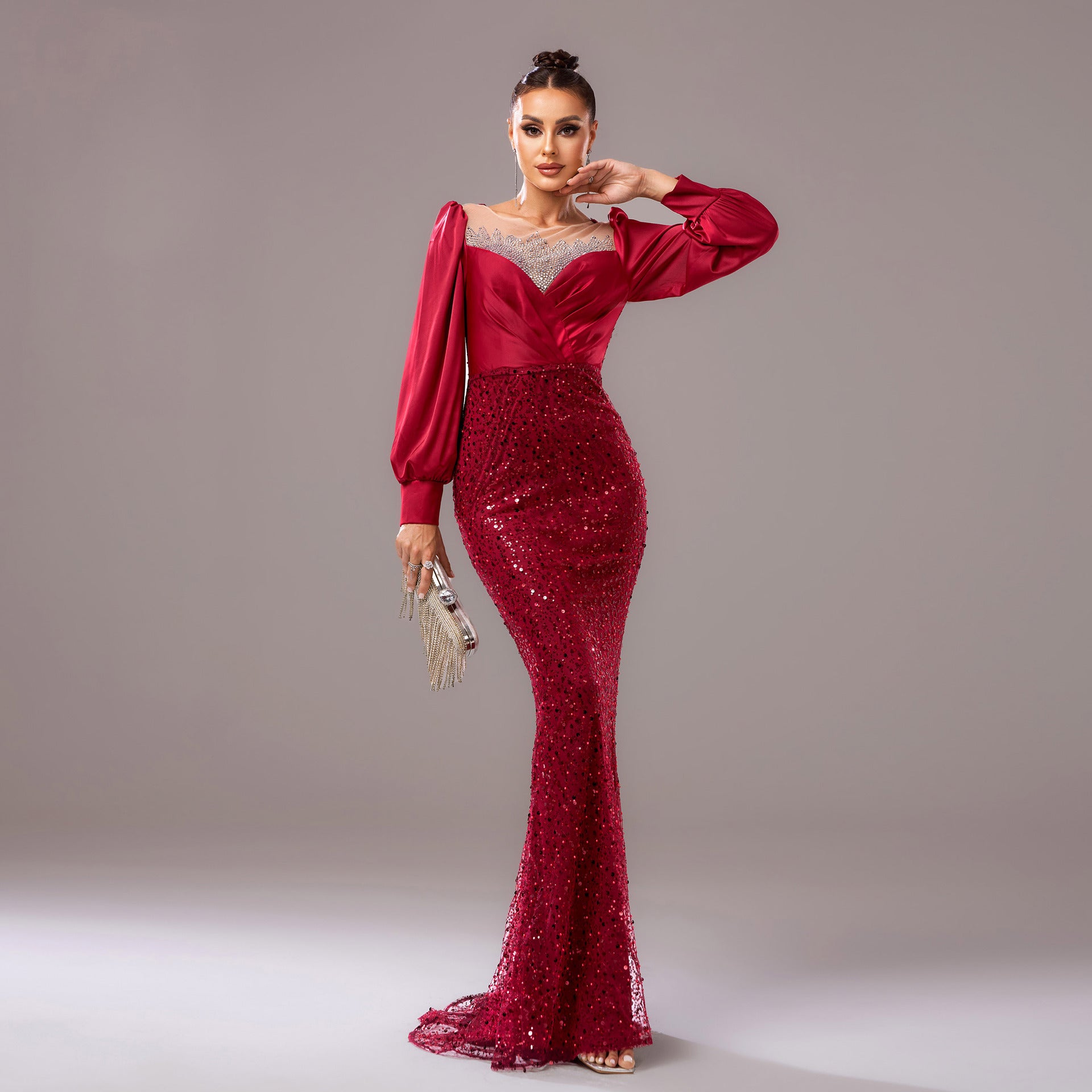Chic Long Sleeve Round Neck Formal Party Bodycon Beaded Sequin Evening Dress Women Bridesmaid Gown 6