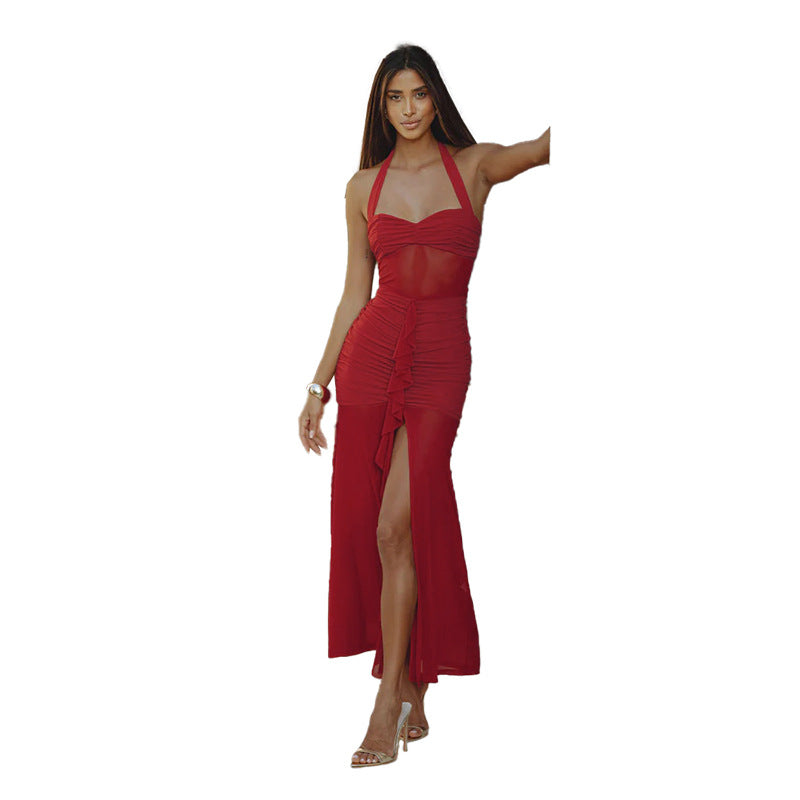 Women's Chic Mesh Patchwork Gathered Slit Dress 5