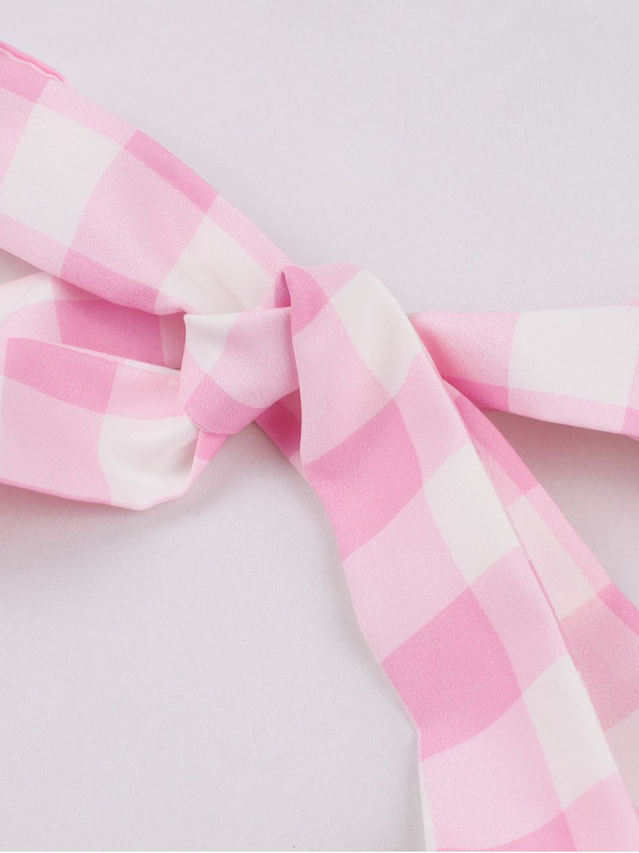 Women's  Summer Slim Waist Sweet Halter Neck Straps Pink Plaid Dress 5