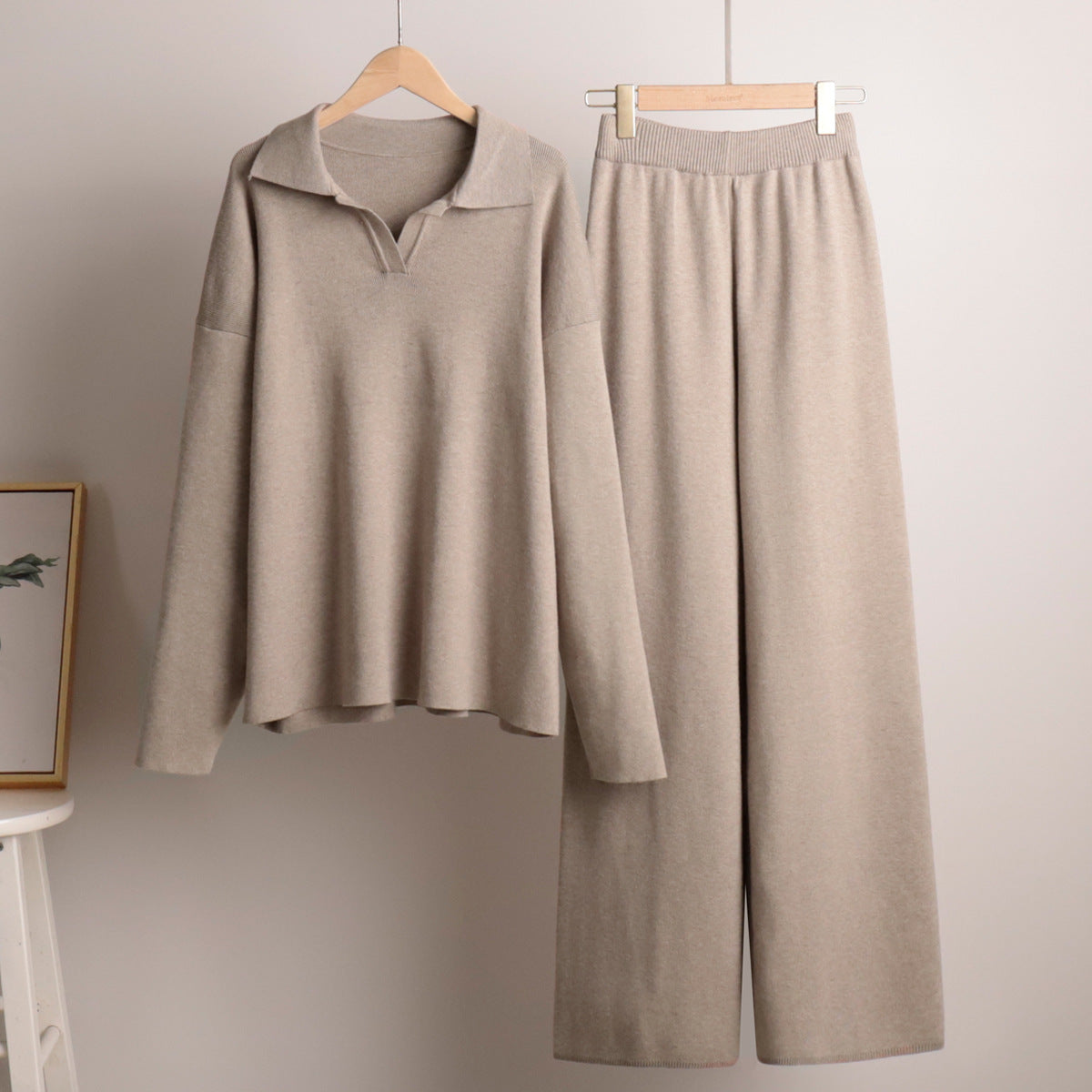 Solid Color Turndown Collar Knitting Sweater Straight Wide-Leg Pants Two-Piece Set 21