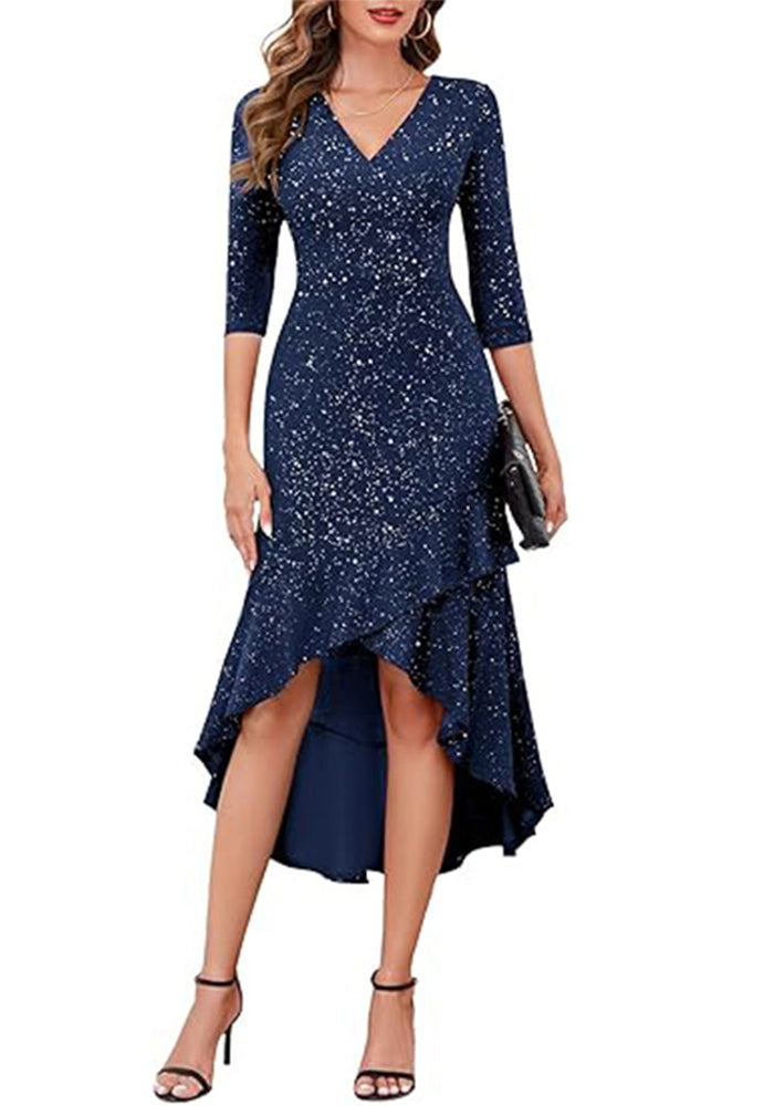 Women's Sequin Cocktail Party Dress Sparkly 3/4 Sleeve uffle High-Low Evening Gown