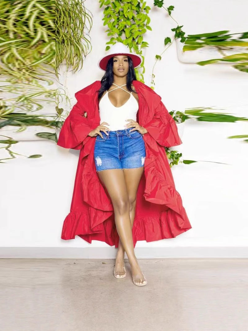 Women's Autumn Solid Color Ruffled Long Trench Coat 5