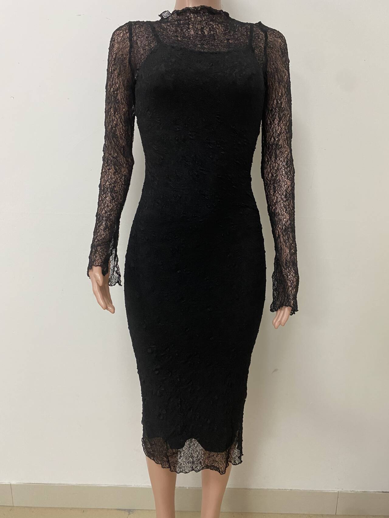 Women Lace Sleeve See-Through Sleeve Sexy Dress 11