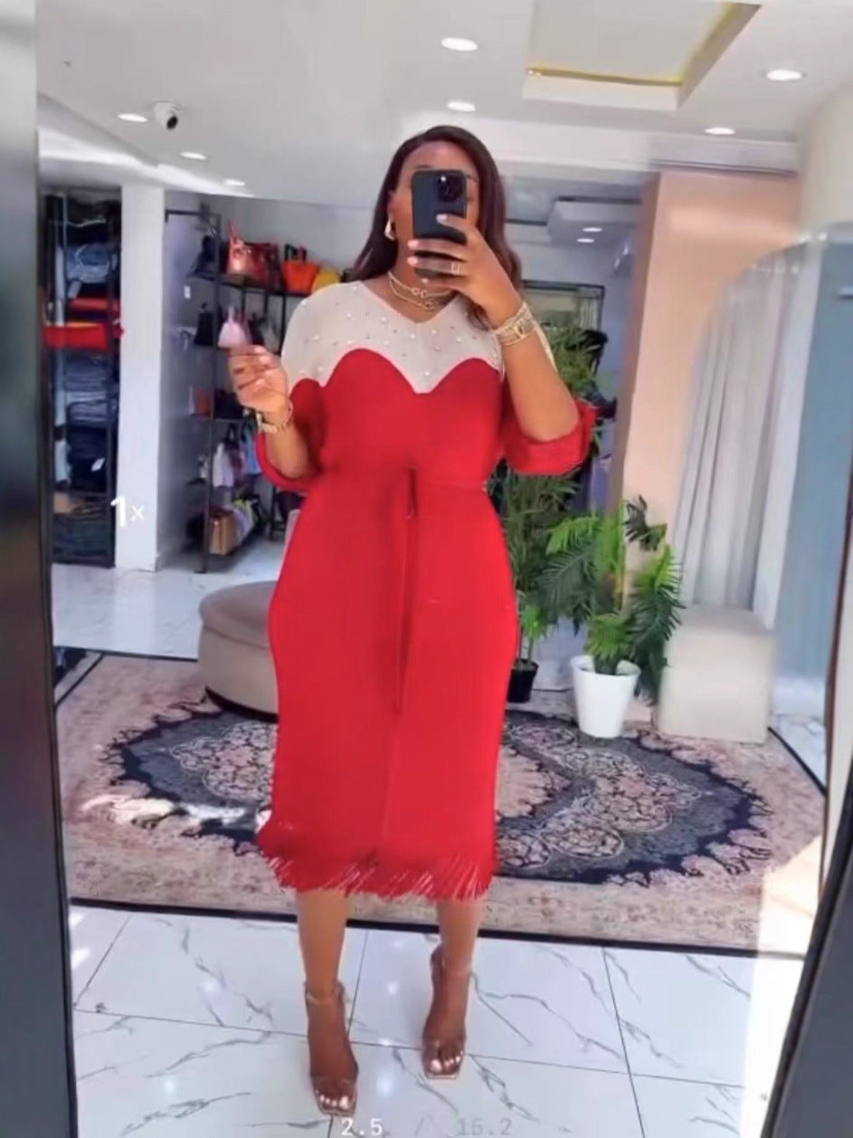 Beaded Plus Size African Fashion Bat Sleeve Color-Block Midi Loose Women's Dress 11