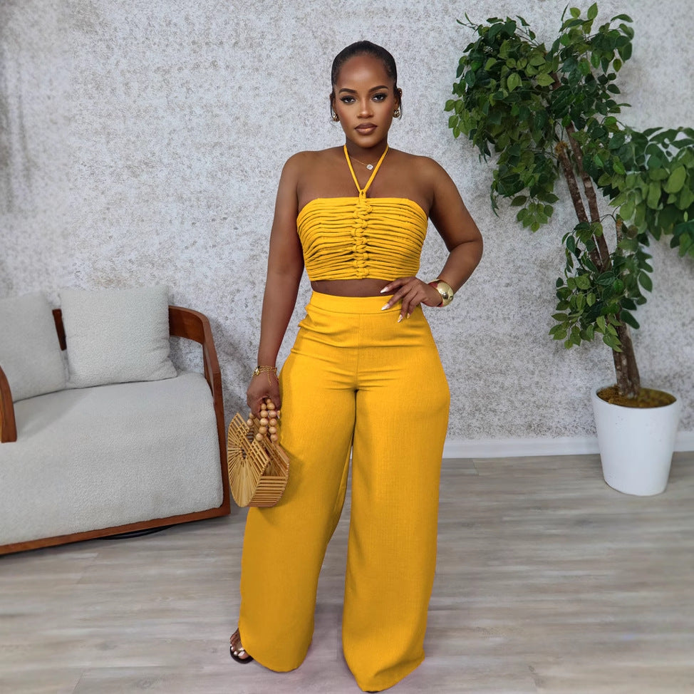 Halter Drawstring Top High-Waist Side-Zipper Loose Pants Two-Piece Set 7