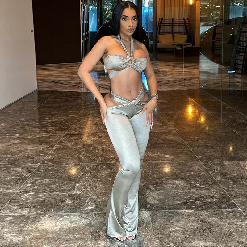 Women Summer Solid Hollow Sleeveless Halter Neck Crop Top and Pants Two-Piece Set 3