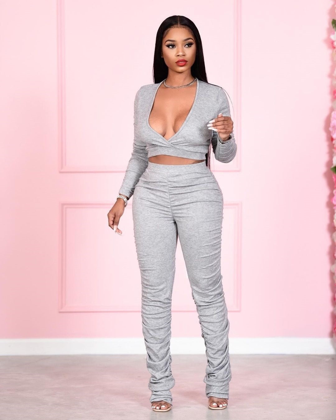Women Sexy V-Neck Top and Stacked Pants Two Piece Set 3