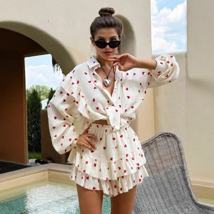 Women's Spring Ruffle Loose Shirt Cardigan Shorts Two-Piece Set 9