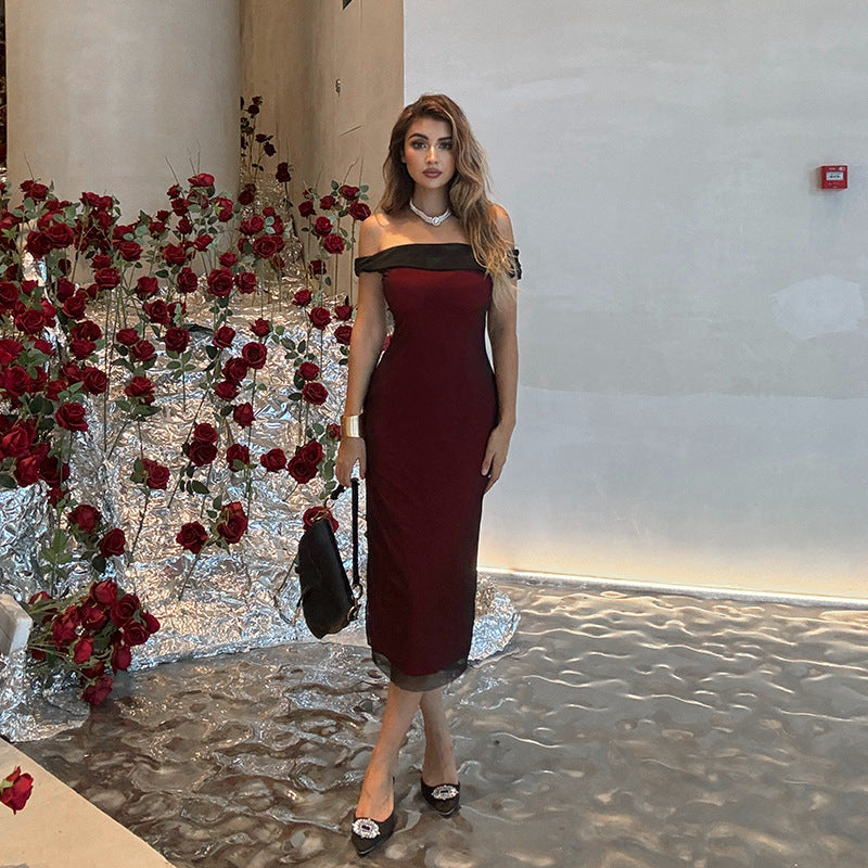 Women Sexy Off Shoulder Mesh Contrast Dress
