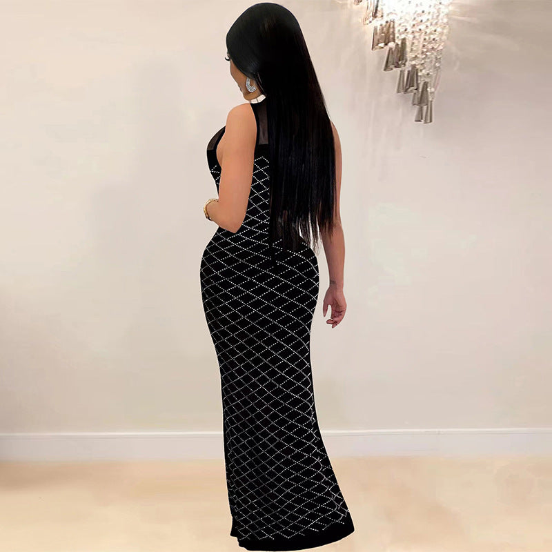 Women solid beaded mesh sleeveless formal party dress 3