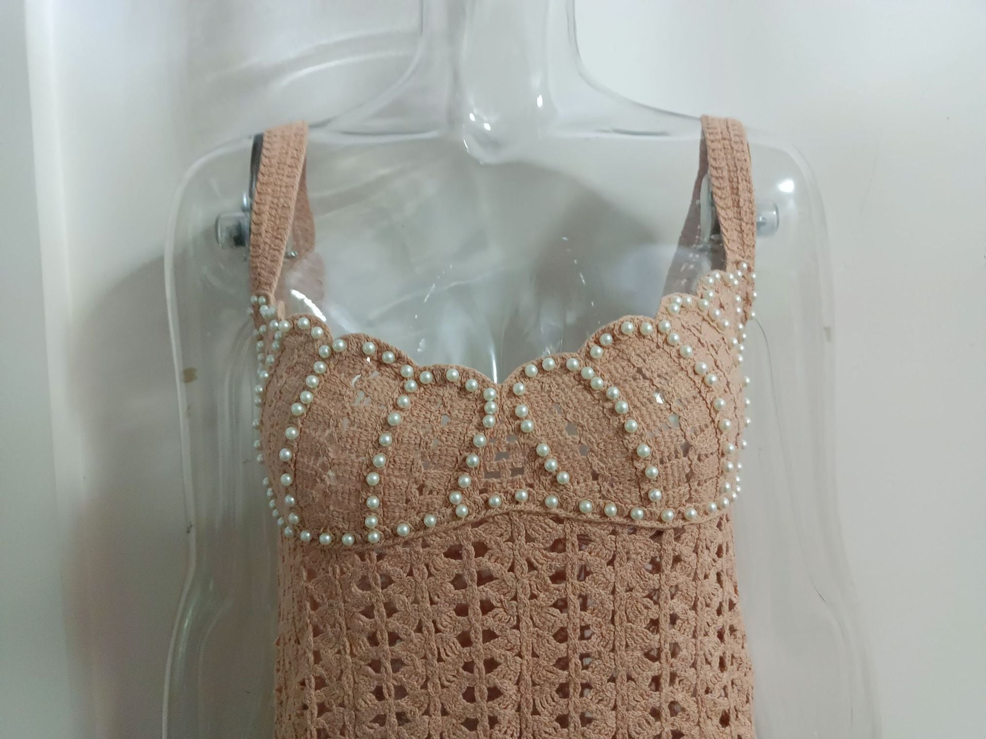 Women knitting v-neck pearl hollow Strap Dress 18