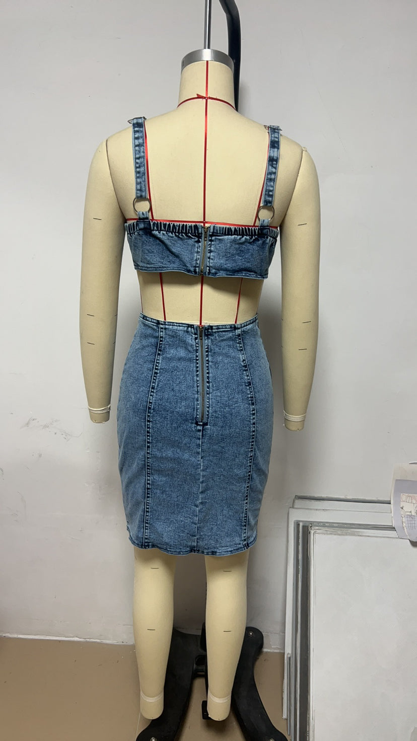 Summer Women's Fashion Sexy Strap Low Back Denim Dress 8