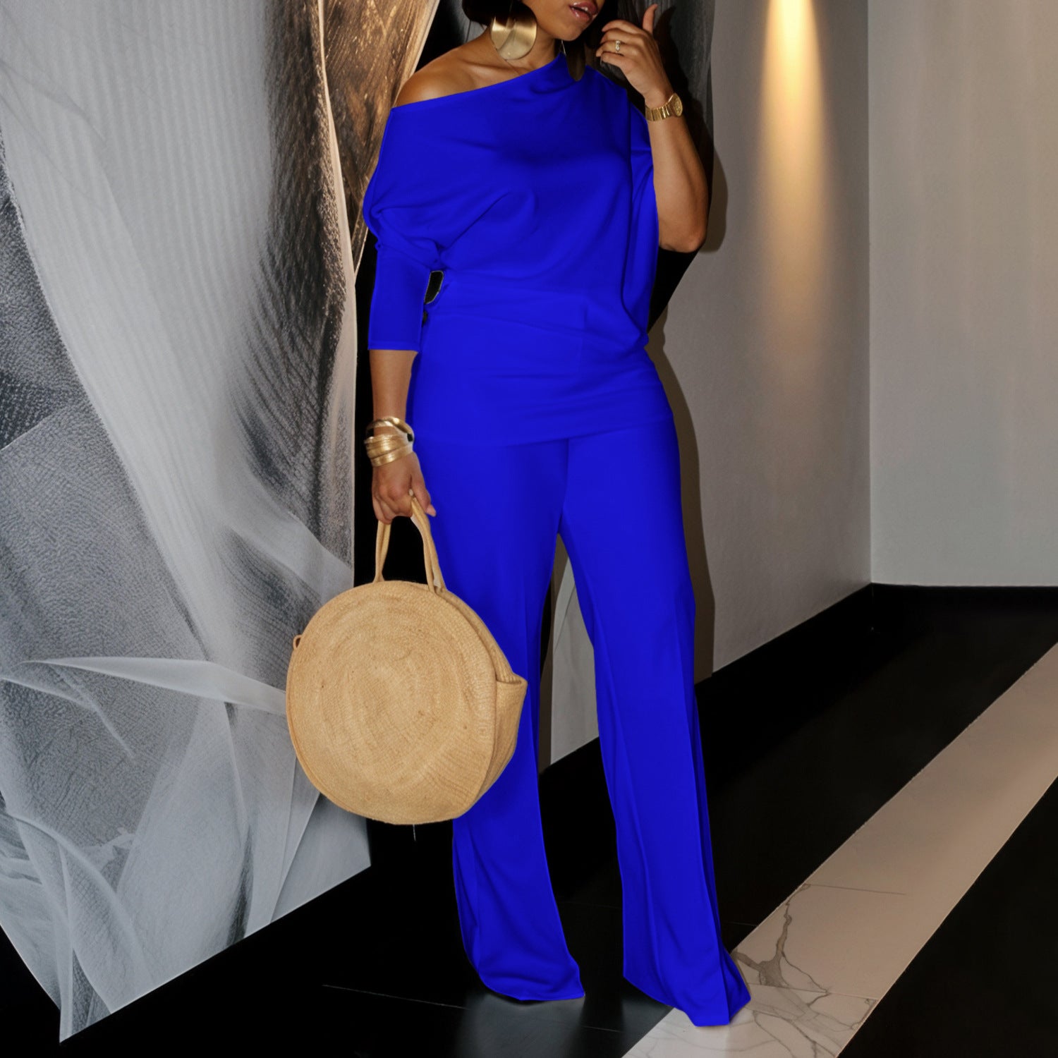 Women's Fall Fashion Solid Color Slash Shoulder Top Wide Leg Pants African Suit 5