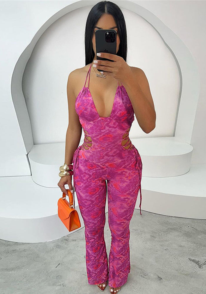 Spring Fashion Sexy Hollow Print Low Back Halter Neck Slim Fit Jumpsuit