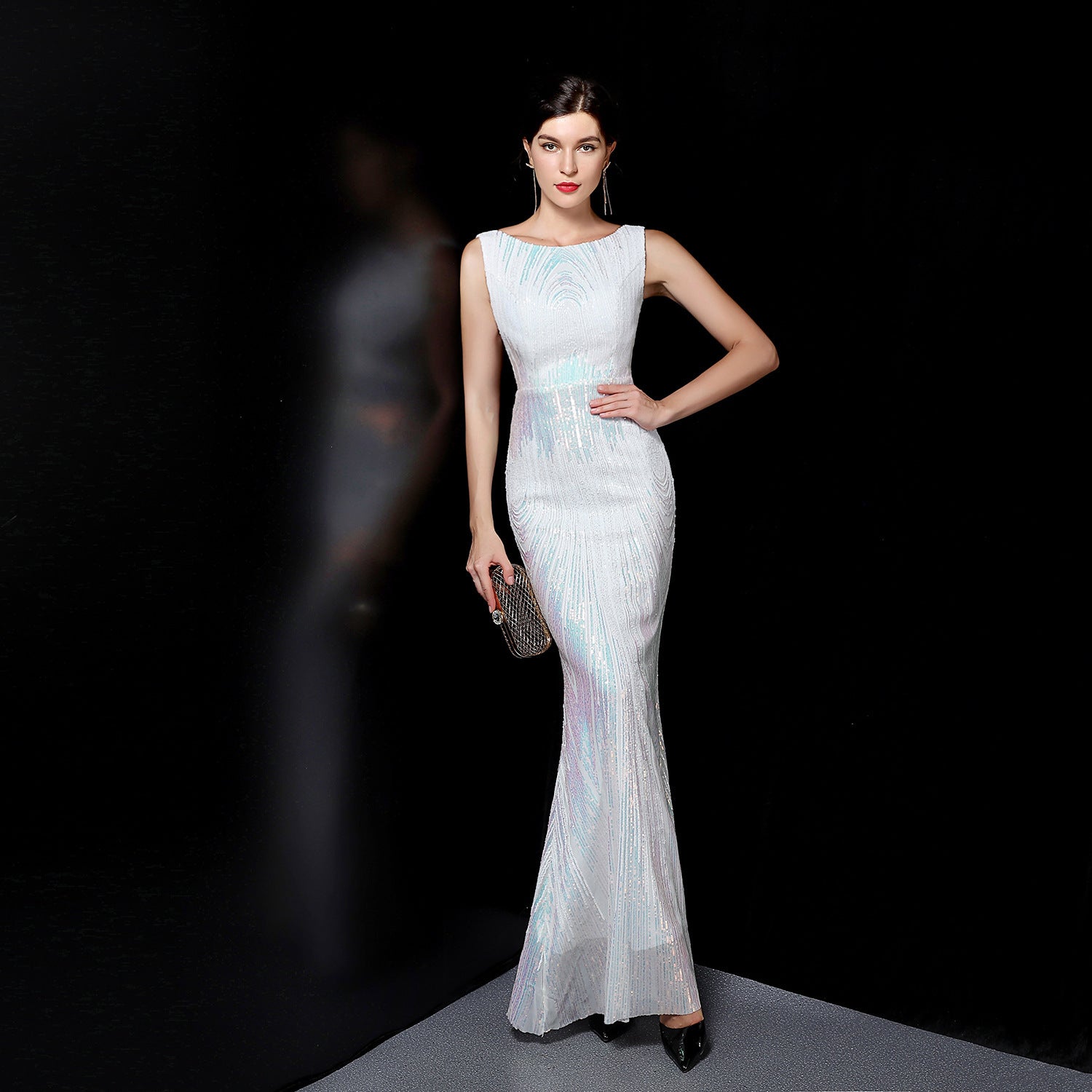 Luxury Sequin Mermail Women Formal Party Evening Dress Sexy Sleeveless Long Slim Bridal Gown 12