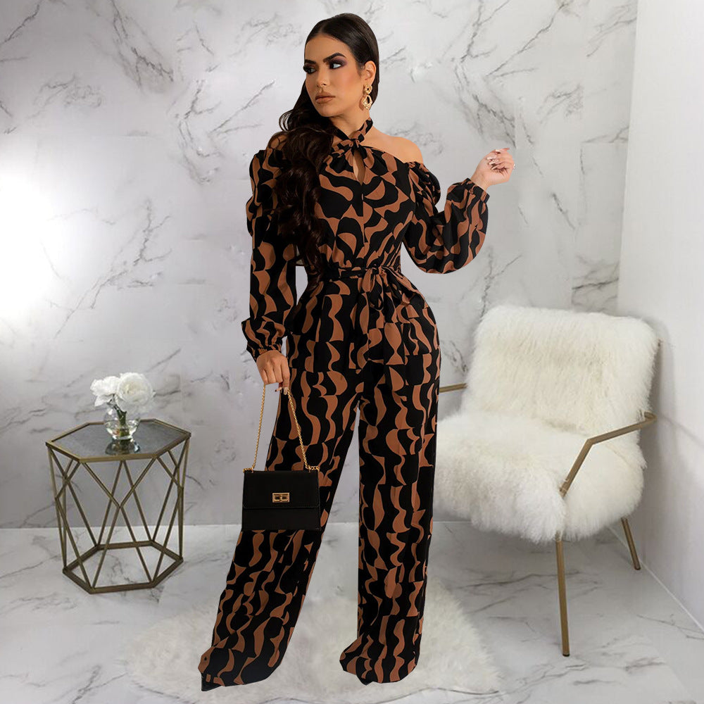 Women Printed Long Sleeve Halter Neck Jumpsuit 3