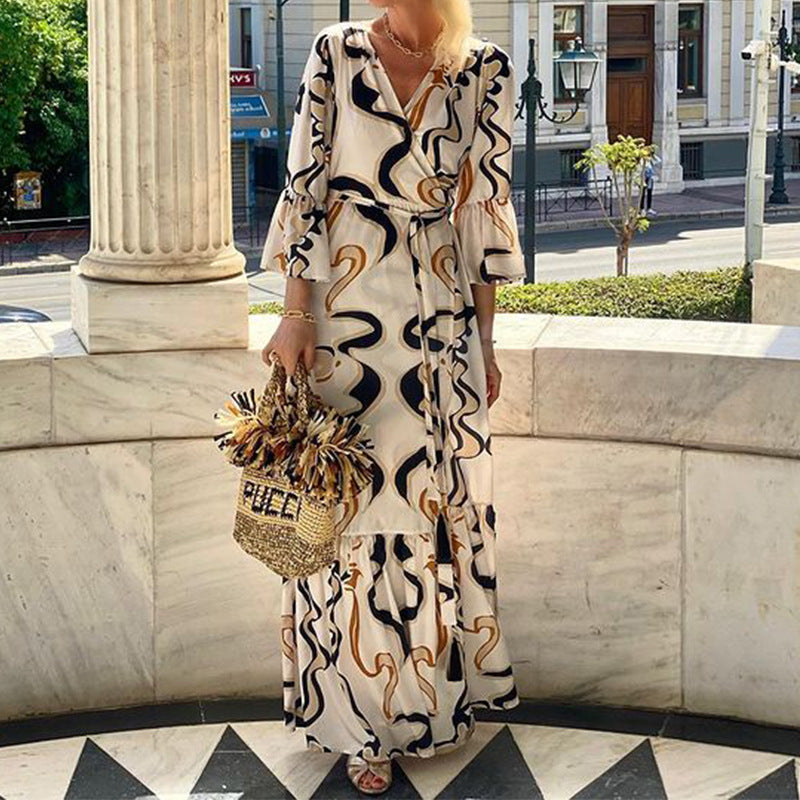 Women Printed Long Sleeve Beach Holidays Maxi Dress