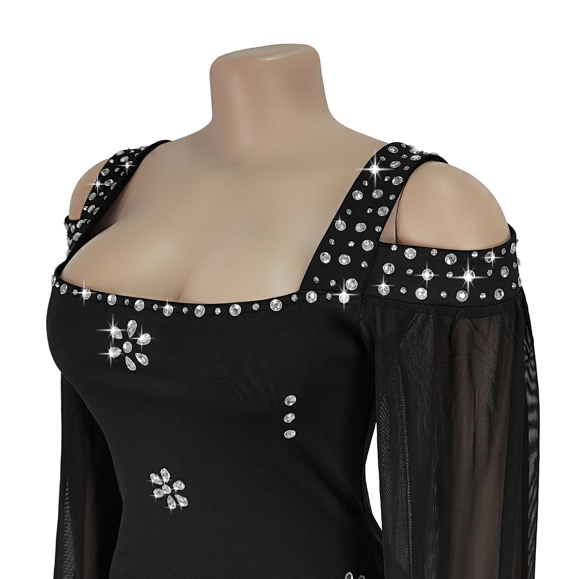 Fashion Women's Elegant Rhinestone Square Neck Mesh Slim Long Dress 8