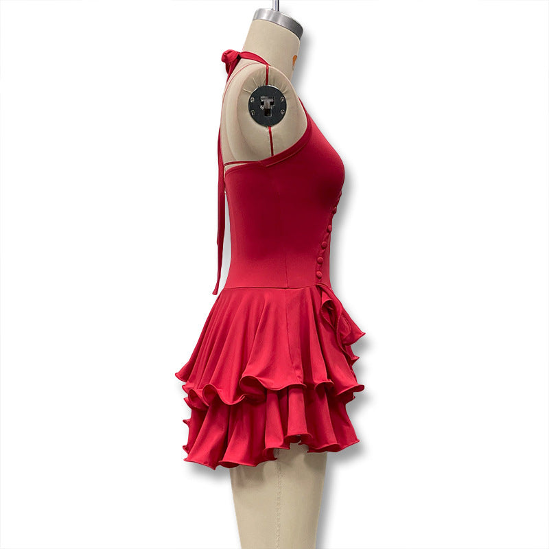 Summer Halter Neck Single-Button Ruffled Mini Dress 17