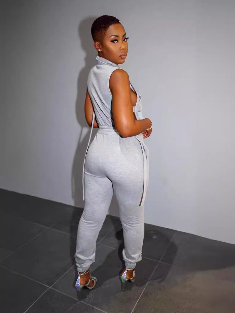 Women spring and summer zippered sleeveless fleece Cargo Jumpsuit 6