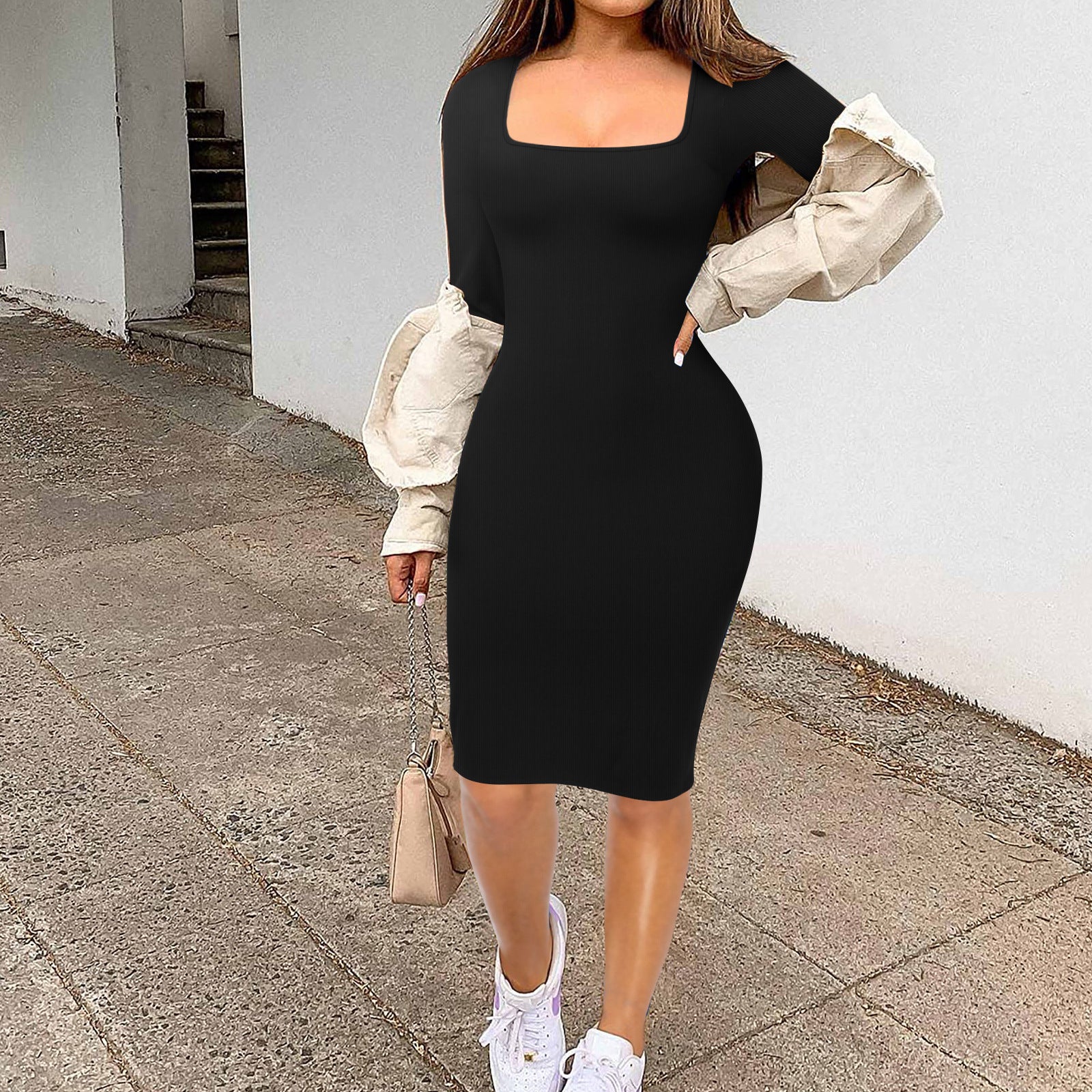 Slim Square Neck One-Piece Tight Fitting Casual Solid Color Jumpsuit