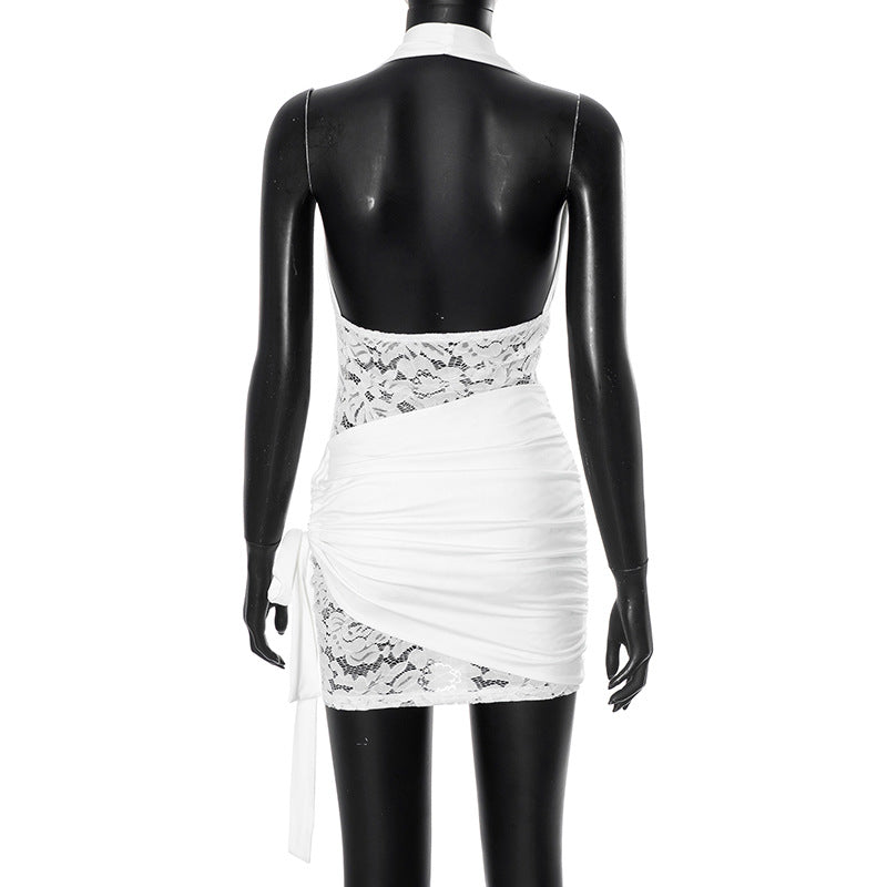 Women Sexy Halter Neck Lace Patchwork Gathered Tie Bodycon Dress 8