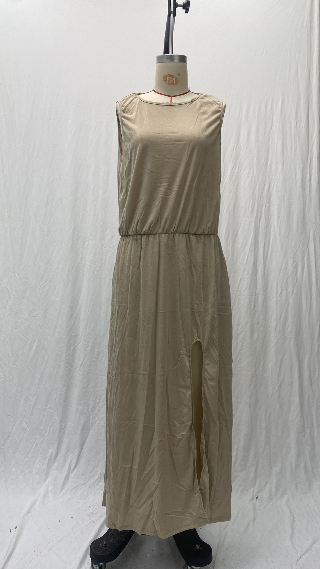 Summer Women's Trendy Retro Round Neck Sleeveless Slit Solid Color Casual Dress 13