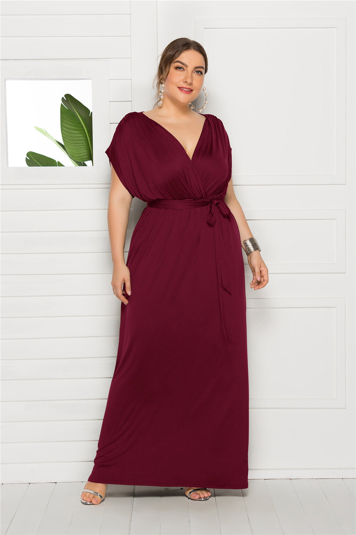 Plus Size Women'S Sexy Solid Color V-Neck Loose Swing Dress 3