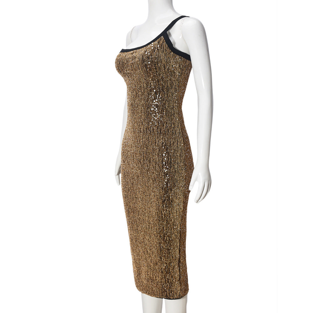 Spring Sequin One-Shoulder strap slim Midi Dress 7