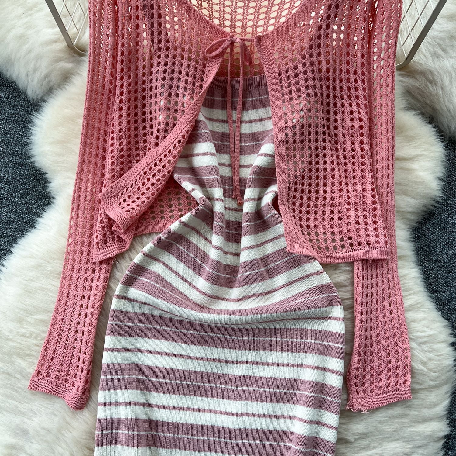 Tie Up Cardigan Low Back Strap Slim Fit Chic Stripes Knitting Dress 16