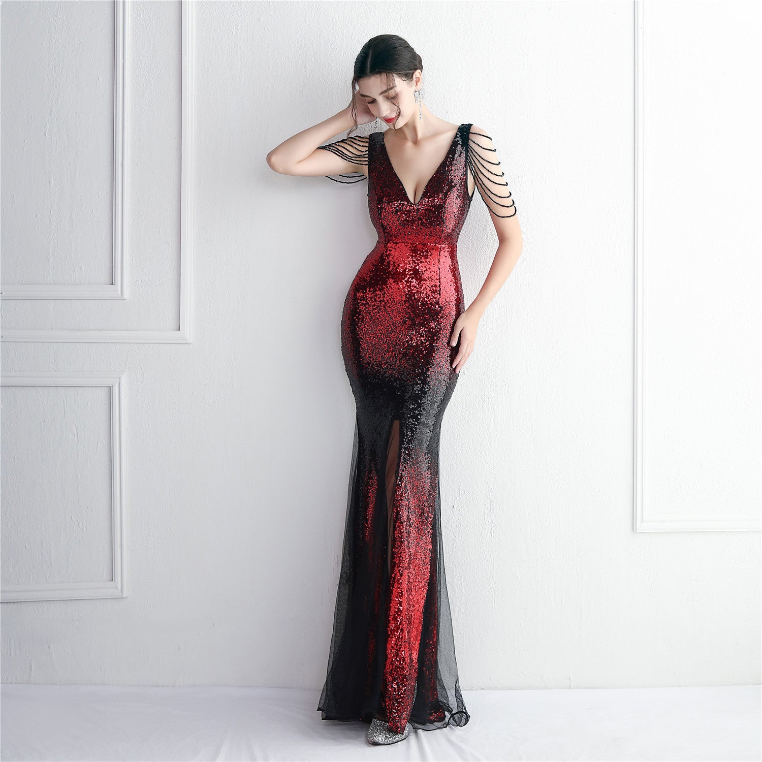 WomenElegant Gradient Sequins V Neck Evening Dress 7