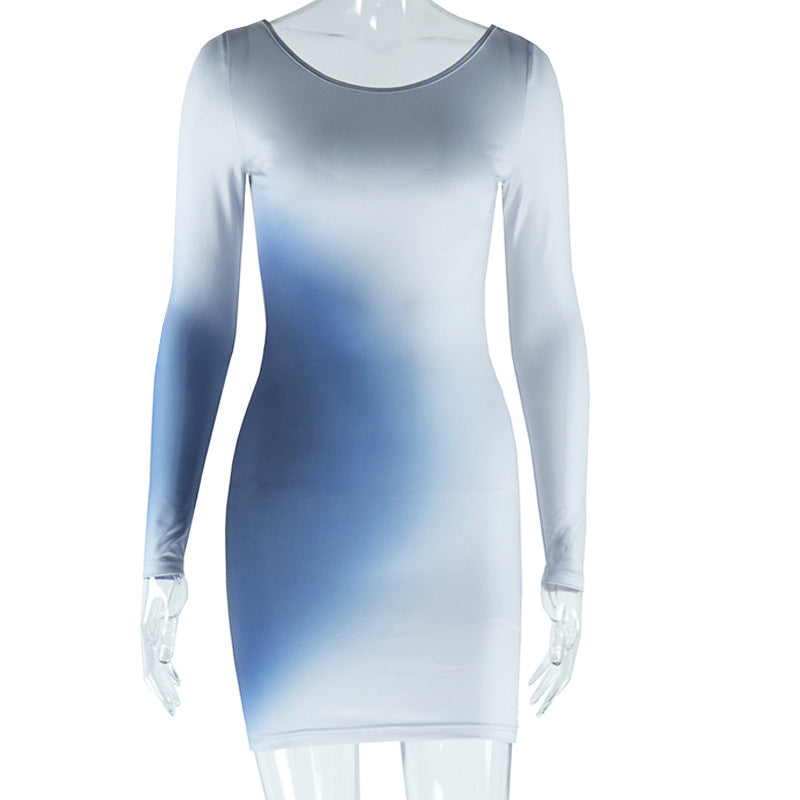 Sexy Round Neck Gradient Print Long Sleeve Slim Bodycon Women Dress 10
