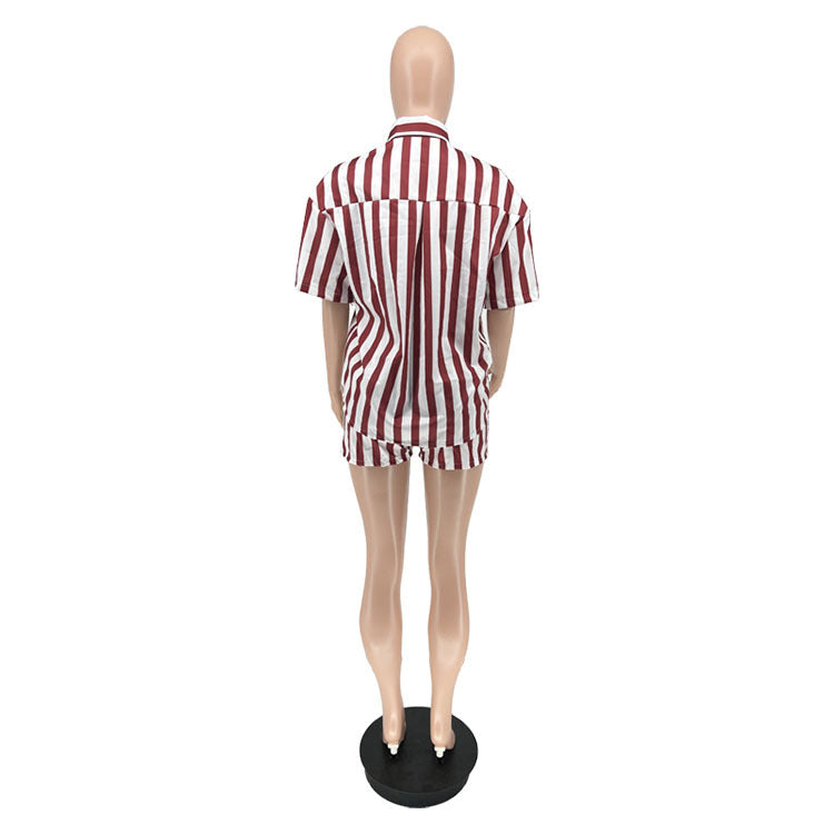 Women's Summer Fashion Stripe Print Set Loose Blouse Two Piece Set 13