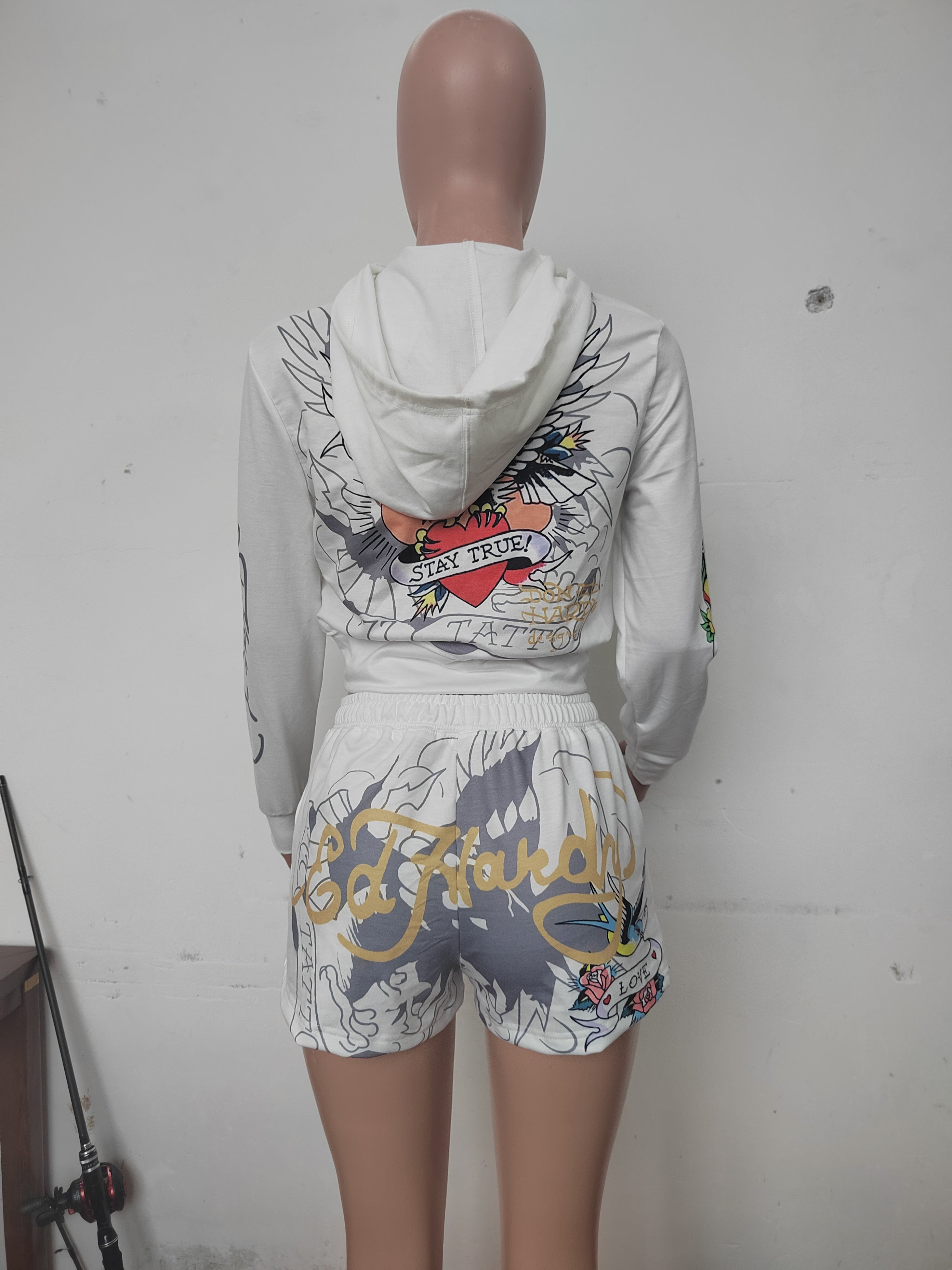 Women's Spring/Summer Print Fashion Casual Hooded Zip Long Sleeve Hooded Sports Two Piece Shorts Set 9