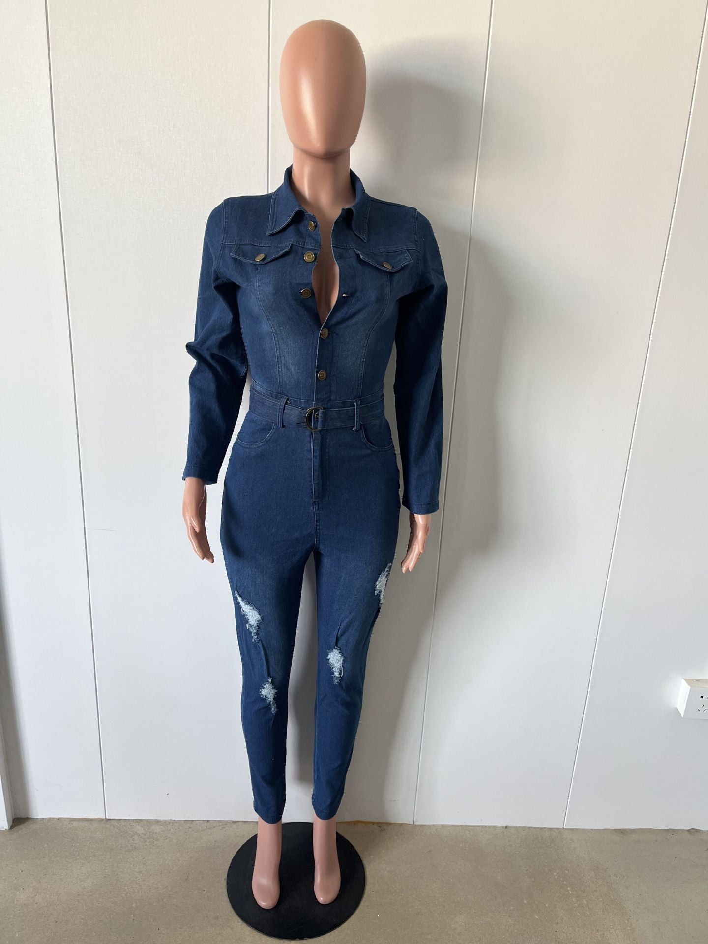 Women Stretch Ripped Washed Long Sleeve Denim Jumpsuit 10