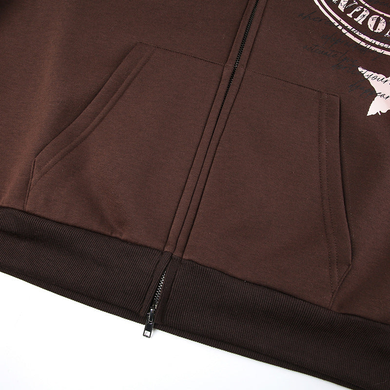 Winter Plush Hooded Badge Print Retro Jacket Loose Plus Size Casual Zipper Hoodies 18