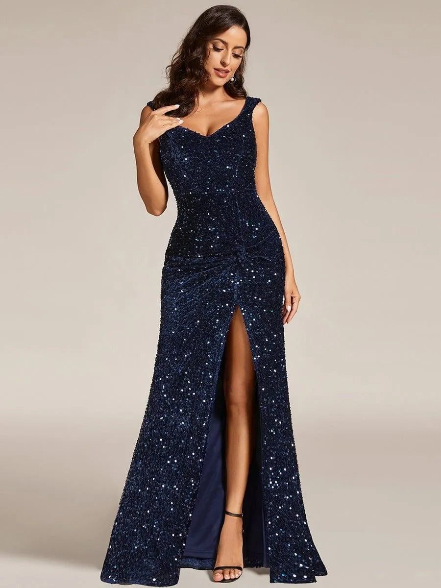 Summer Elegant Sequin V-Neck Slit Formal Party Evening Gown 3