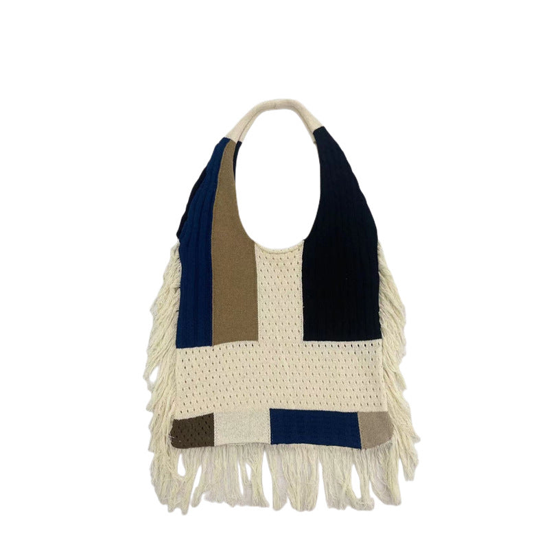 Fringed Women Patchwork Knitting Handbag Single Shoulder Bag Retro Knitting Bag 6