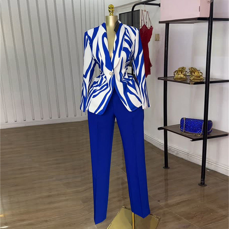 Women Summer Print Blazer and Straight Pants Casual Two-Piece Set 3