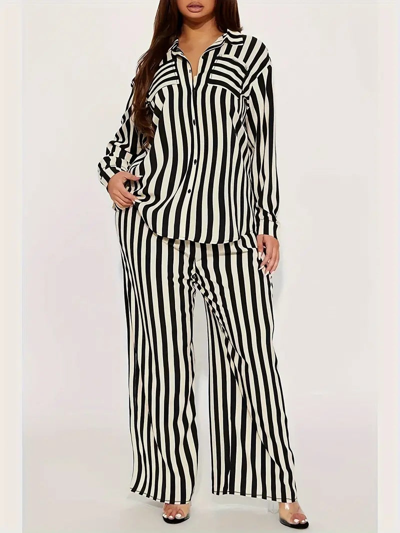 Women's Fashion Casual Long Sleeve Striped Shirt Pants Loose Two-piece Set