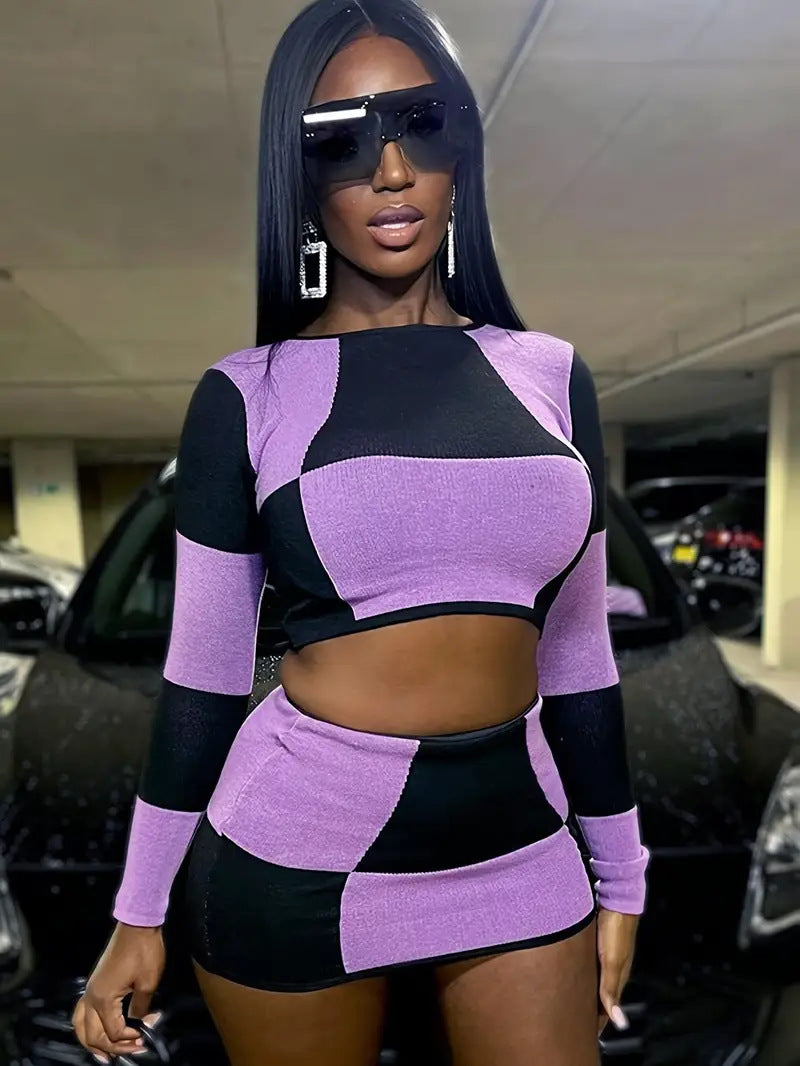 Women Fall/Winter Sexy Midriff-Baring Patchwork Two-Piece Set