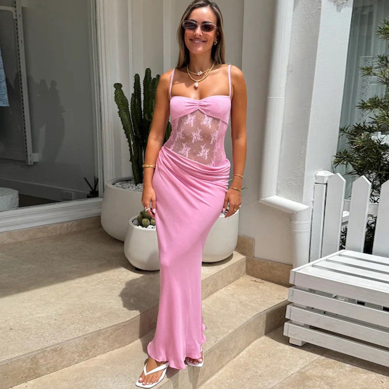 WomenŸ??s Spring Sexy Fashion Sheer Lace Strap Long Dress