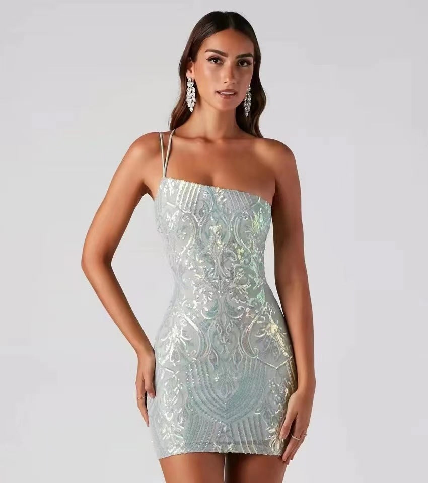 Summer Fashion Sexy Slash Shoulder Strap Sequin Mini Bodycon Dress Formal Party Gown 10